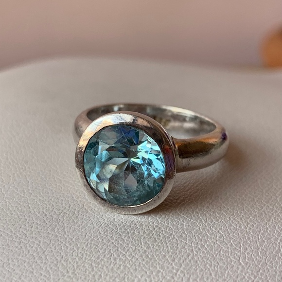VINTAGE LARGE ROUND BEZEL SET BLUE TOPAZ RING 925 STERLING SILVER DESIGNER LOOK